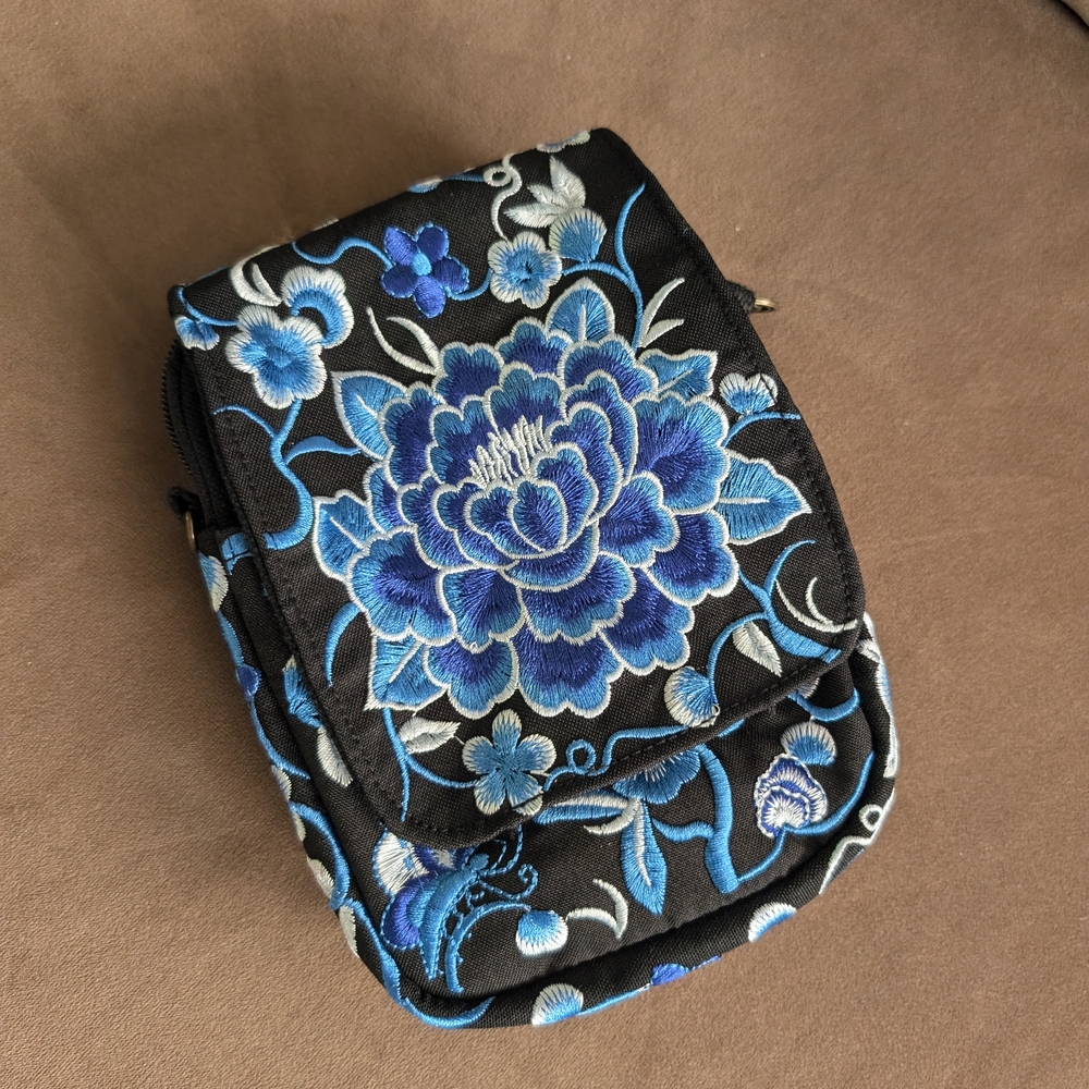 Source Unknown Blue and Black Crossbody Bag with Floral Design